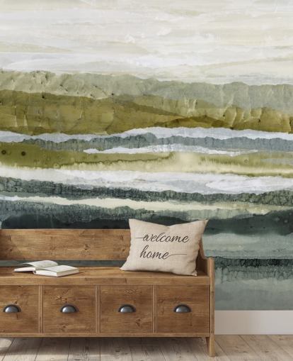 grünes und graues individuelles abstraktes Landschaftswandbild namens Distant Glow von Lara Eckerman grünes und graues individuelles abstraktes Landschaftswandbild namens Distant Glow von Lara Eckerman