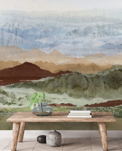peinture murale de paysage abstraite personnalisée marron et vert appelée Plateau Mirage par Lara Eckerman pour les couloirs et les bureaux à domicile peinture murale de paysage abstraite personnalisée marron et vert appelée Plateau Mirage par Lara Eckerman pour les couloirs et les bureaux à domicile