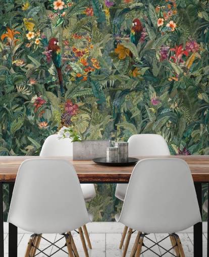 mural de parede verde personalizado em folha de selva chamado Selvanea de Loris Drago para corredores e salas de jantar mural de parede verde personalizado em folha de selva chamado Selvanea de Loris Drago para corredores e salas de jantar