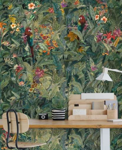 mural de pared verde personalizado con hojas de selva llamado Selvanea de Loris Drago para pasillos y comedores mural de pared verde personalizado con hojas de selva llamado Selvanea de Loris Drago para pasillos y comedores