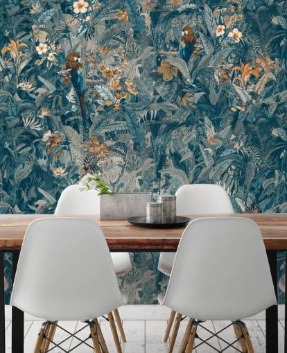 blå og grå brugerdefineret jungleblade vægmaleri kaldet Selvanea II af Loris Drago til soveværelser, spisestuer og stuer blå og grå brugerdefineret jungleblade vægmaleri kaldet Selvanea II af Loris Drago til soveværelser, spisestuer og stuer