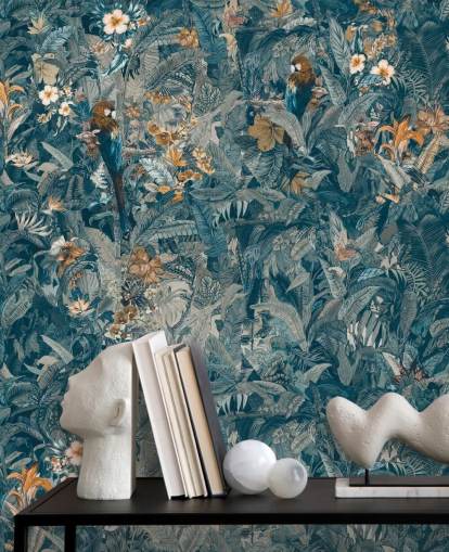 mural de folhas de selva personalizado em azul e cinza chamado Selvanea II de Loris Drago para quartos, salas de jantar e salas de estar mural de folhas de selva personalizado em azul e cinza chamado Selvanea II de Loris Drago para quartos, salas de jantar e salas de estar