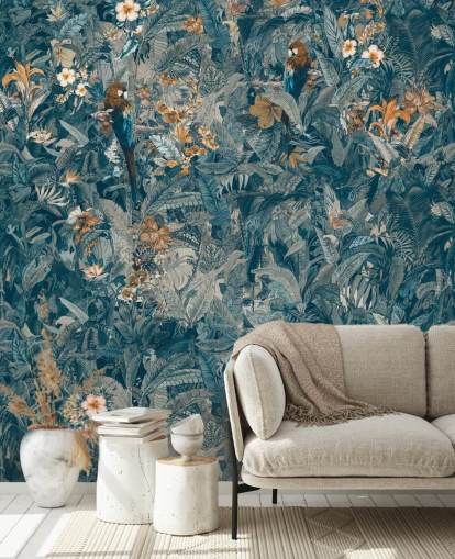 blå og grå tilpassede jungelblader veggmaleri kalt Selvanea II av Loris Drago for soverom, spiserom og stuer blå og grå tilpassede jungelblader veggmaleri kalt Selvanea II av Loris Drago for soverom, spiserom og stuer