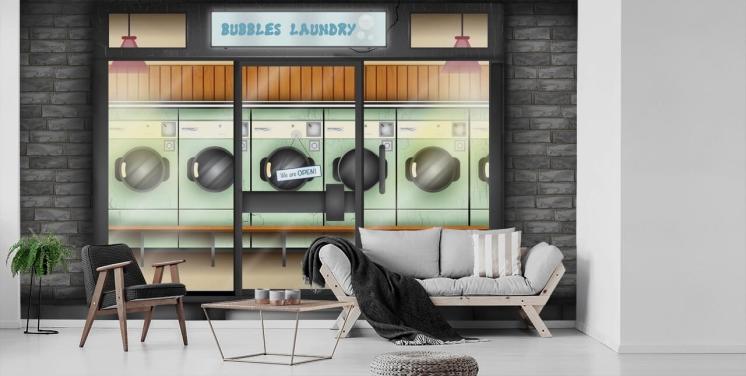 laundrette facade wall mural for care homes with dementia