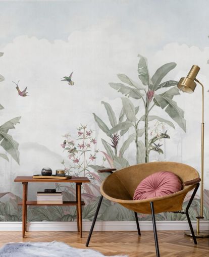 blågrå brugerdefineret jungle-vægmaleri kaldet Faded Blue Vintage Borneo Jungle af Bloomery Decor blågrå brugerdefineret jungle-vægmaleri kaldet Faded Blue Vintage Borneo Jungle af Bloomery Decor