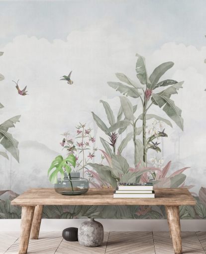 peinture murale personnalisée de la jungle bleu-gris appelée Faded Blue Vintage Borneo Jungle par Bloomery Decor peinture murale personnalisée de la jungle bleu-gris appelée Faded Blue Vintage Borneo Jungle par Bloomery Decor