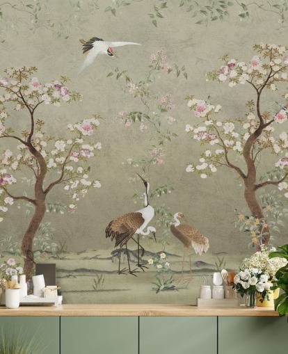 beige chinoiserie muurschildering genaamd Beige Lingering Garden Chinoiserie van Bloomery Decor beige chinoiserie muurschildering genaamd Beige Lingering Garden Chinoiserie van Bloomery Decor