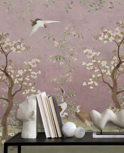 mural de chinoiserie rosa personalizable llamado Pink Lingering Garden Chinoiserie de Bloomery Decor mural de chinoiserie rosa personalizable llamado Pink Lingering Garden Chinoiserie de Bloomery Decor