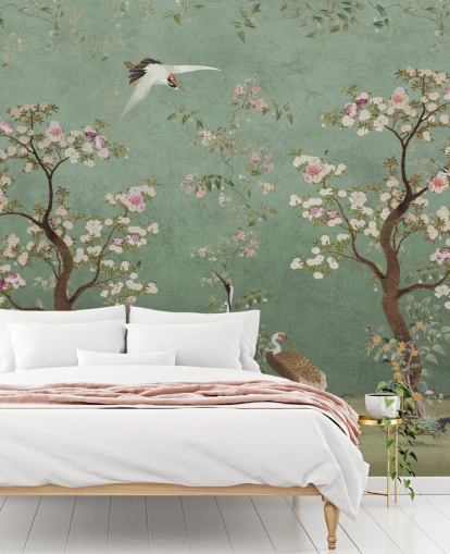 mural de chinoiserie verde personalizado llamado Mint Green Lingering Garden Chinoiserie de Bloomery Decor mural de chinoiserie verde personalizado llamado Mint Green Lingering Garden Chinoiserie de Bloomery Decor
