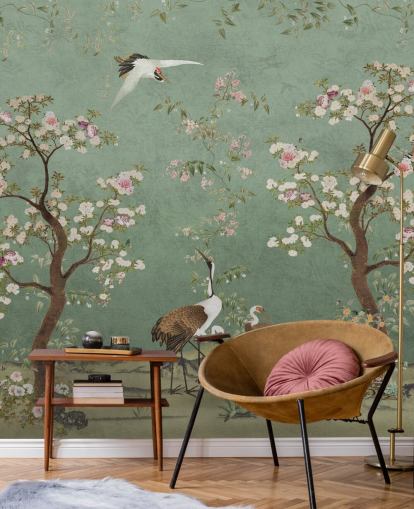 groene chinoiserie-muurschildering op maat genaamd Mint Green Lingering Garden Chinoiserie van Bloomery Decor groene chinoiserie-muurschildering op maat genaamd Mint Green Lingering Garden Chinoiserie van Bloomery Decor