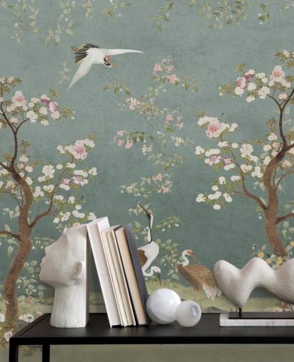mural de chinoiserie personalizable de color verde azulado llamado Teal Lingering Garden Chinoiserie de Bloomery Decor mural de chinoiserie personalizable de color verde azulado llamado Teal Lingering Garden Chinoiserie de Bloomery Decor