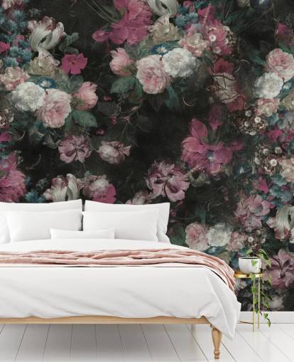 pink and white custom baroque floral mural called Moody Baroque Floral Scene by Bloomery Decor pink and white custom baroque floral mural called Moody Baroque Floral Scene by Bloomery Decor