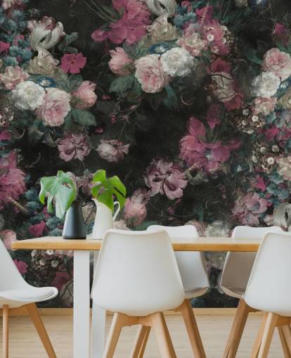 mural floral barroco personalizado en blanco y rosa llamado Moody Baroque Floral Scene de Bloomery Decor mural floral barroco personalizado en blanco y rosa llamado Moody Baroque Floral Scene de Bloomery Decor