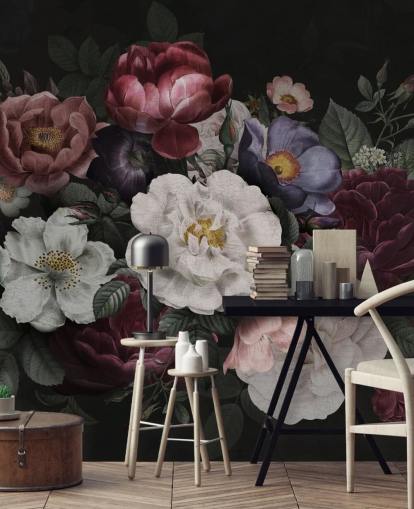 dark custom floral wall mural called Moody Baroque Florals Redoute by Bloomery Decor for lounges and bedrooms dark custom floral wall mural called Moody Baroque Florals Redoute by Bloomery Decor for lounges and bedrooms