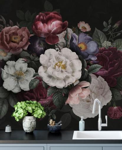 peinture murale florale personnalisée foncée appelée Moody Baroque Florals Redoute par Bloomery Decor pour les salons et les chambres peinture murale florale personnalisée foncée appelée Moody Baroque Florals Redoute par Bloomery Decor pour les salons et les chambres