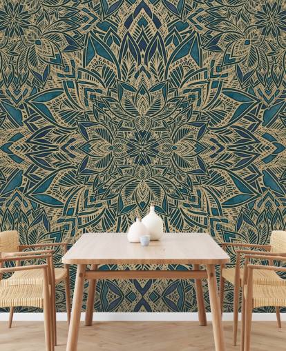 aanpasbare art deco-muurschildering in blauwgroen en goud genaamd Teal Art Deco Golden Mandala van Bloomery Decor aanpasbare art deco-muurschildering in blauwgroen en goud genaamd Teal Art Deco Golden Mandala van Bloomery Decor
