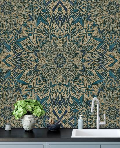 mural art déco personalizable en verde azulado y dorado llamado Teal Art Deco Golden Mandala de Bloomery Decor mural art déco personalizable en verde azulado y dorado llamado Teal Art Deco Golden Mandala de Bloomery Decor