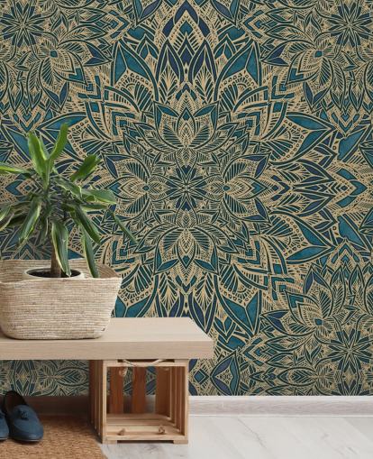 blågrønn og gull tilpassbart art deco-veggmaleri kalt Teal Art Deco Golden Mandala av Bloomery Decor blågrønn og gull tilpassbart art deco-veggmaleri kalt Teal Art Deco Golden Mandala av Bloomery Decor