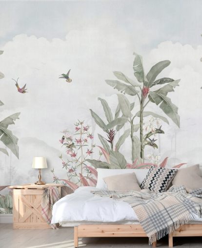 grijze op maat gemaakte junglemuurschildering genaamd Grey Vintage Jungle Landscape van Bloomery Decor voor huizen en bedrijven grijze op maat gemaakte junglemuurschildering genaamd Grey Vintage Jungle Landscape van Bloomery Decor voor huizen en bedrijven