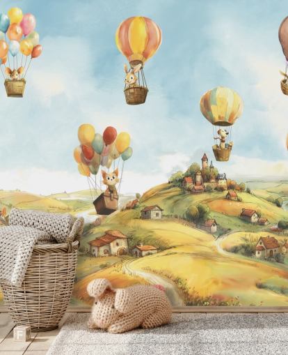 blue, green and orange kids hot air balloon wall mural called Air by Elena Pavlova for nurseries blue, green and orange kids hot air balloon wall mural called Air by Elena Pavlova for nurseries