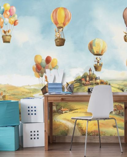 blue, green and orange kids hot air balloon wall mural called Air by Elena Pavlova for nurseries blue, green and orange kids hot air balloon wall mural called Air by Elena Pavlova for nurseries