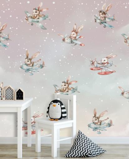 peinture murale de lapin pour enfants personnalisable rose et gris appelée Bunny Aviators par Elena Pavlova pour les crèches peinture murale de lapin pour enfants personnalisable rose et gris appelée Bunny Aviators par Elena Pavlova pour les crèches