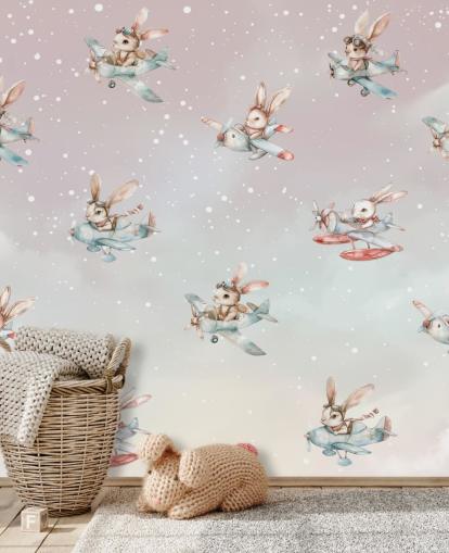 vaaleanpunainen ja harmaa muokattava lasten pupu-seinämaalaus nimeltä Elena Pavlova Bunny Aviators lastentarhoihin vaaleanpunainen ja harmaa muokattava lasten pupu-seinämaalaus nimeltä Elena Pavlova Bunny Aviators lastentarhoihin