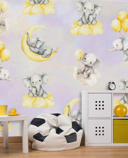 purple and yellow customisable kids elephant mural called Celestial Cradles by Elena Pavlova for nurseries purple and yellow customisable kids elephant mural called Celestial Cradles by Elena Pavlova for nurseries