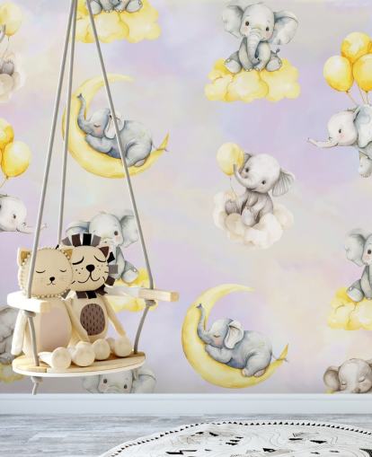 mural de elefante infantil personalizável em roxo e amarelo chamado Celestial Cradles, de Elena Pavlova, para creches mural de elefante infantil personalizável em roxo e amarelo chamado Celestial Cradles, de Elena Pavlova, para creches