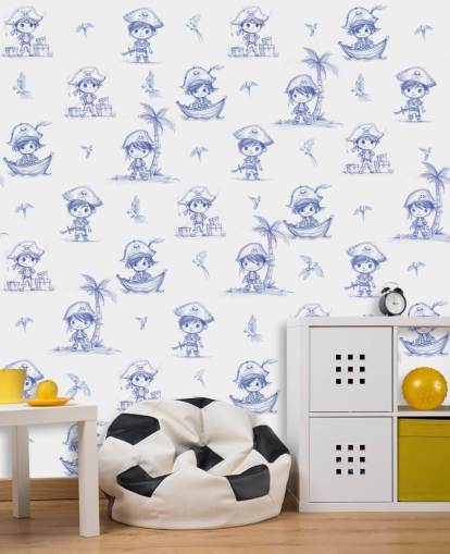 fresque murale de pirate personnalisée bleue et blanche appelée Charming Buccaneers par Elena Pavlova fresque murale de pirate personnalisée bleue et blanche appelée Charming Buccaneers par Elena Pavlova