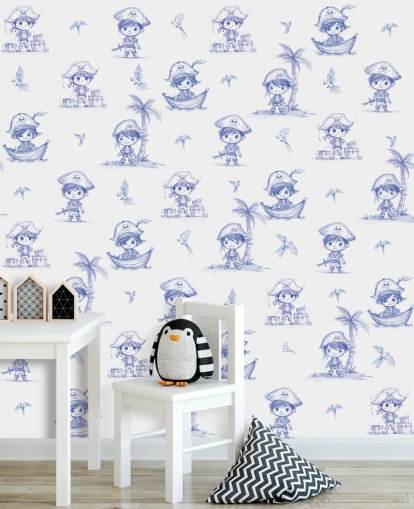 mural de parede pirata personalizado em azul e branco chamado Charming Buccaneers, de Elena Pavlova mural de parede pirata personalizado em azul e branco chamado Charming Buccaneers, de Elena Pavlova