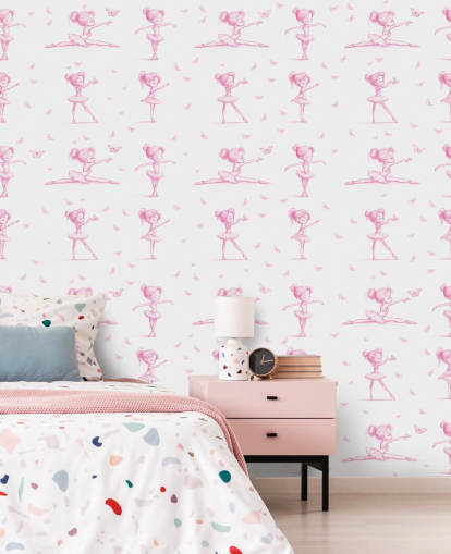 rosa-weißes maßgeschneidertes Ballerina-Wandbild namens Delicate Dance von Elena Pavlova für Schlafzimmer und Kinderzimmer rosa-weißes maßgeschneidertes Ballerina-Wandbild namens Delicate Dance von Elena Pavlova für Schlafzimmer und Kinderzimmer