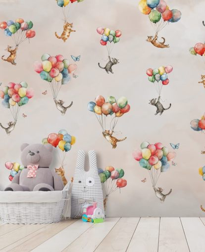 pink customizable cat wall mural called Floating Felines by Elena Pavlova for bedrooms and nurseries pink customizable cat wall mural called Floating Felines by Elena Pavlova for bedrooms and nurseries