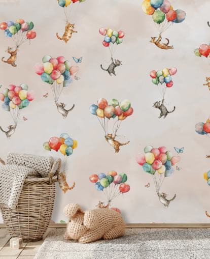 pink customisable cat wall mural called Floating Felines by Elena Pavlova for bedrooms and nurseries pink customisable cat wall mural called Floating Felines by Elena Pavlova for bedrooms and nurseries