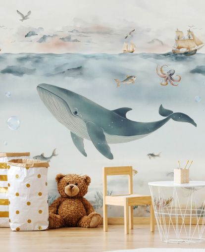 mural marino infantil azul y gris llamado Gentle Ocean de Elena Pavlova para guarderías y dormitorios mural marino infantil azul y gris llamado Gentle Ocean de Elena Pavlova para guarderías y dormitorios