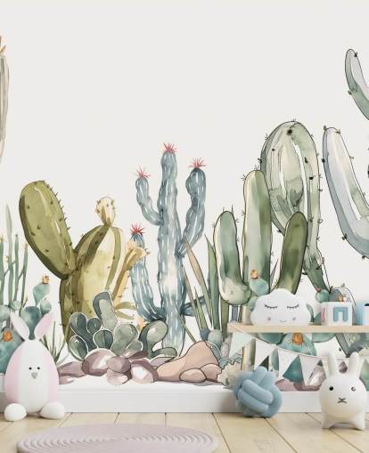 green and white custom cactus wall mural called Watercolour Prickle by Elena Pavlova green and white custom cactus wall mural called Watercolour Prickle by Elena Pavlova