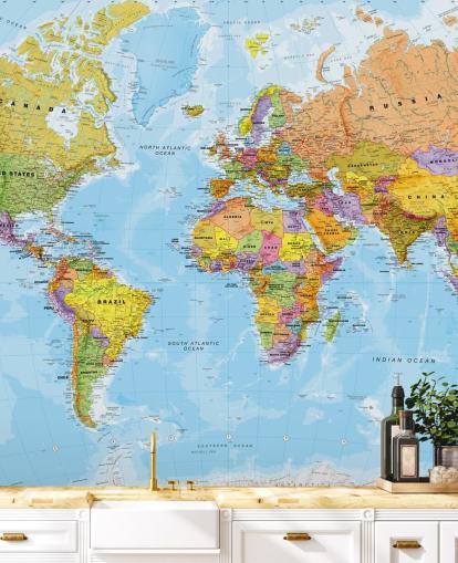 colourful customisable world map wallpaper mural called Political World Map by Lovell Johns for kitchens and bedrooms colourful customisable world map wallpaper mural called Political World Map by Lovell Johns for kitchens and bedrooms
