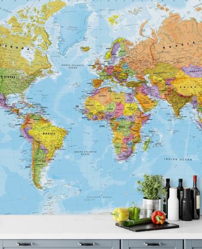 Buntes personalisierbares Weltkarten-Tapeten-Wandbild Political World Map von Lovell Johns für Küchen und Schlafzimmer Buntes personalisierbares Weltkarten-Tapeten-Wandbild Political World Map von Lovell Johns für Küchen und Schlafzimmer