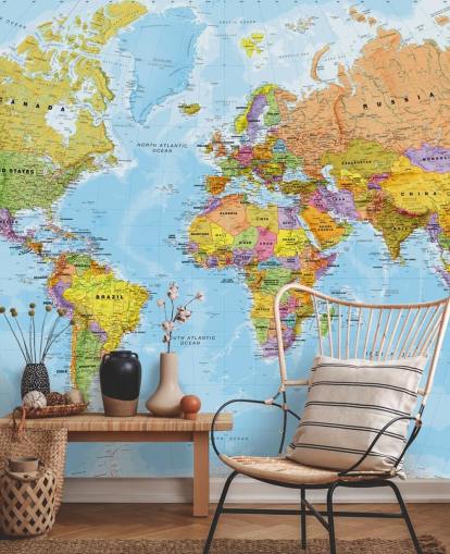 carta da parati murale colorata e personalizzabile con mappa del mondo chiamata Political World Map di Lovell Johns per cucine e camere da letto carta da parati murale colorata e personalizzabile con mappa del mondo chiamata Political World Map di Lovell Johns per cucine e camere da letto