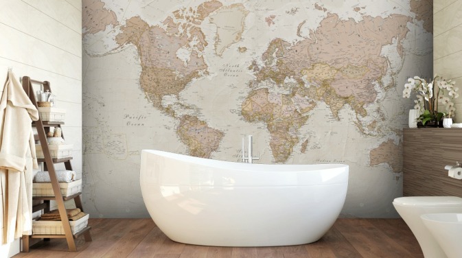 lysebrunt tilpassbart verdenskart tapetmaleri kalt Antique World Map av Lovell Johns for soverom