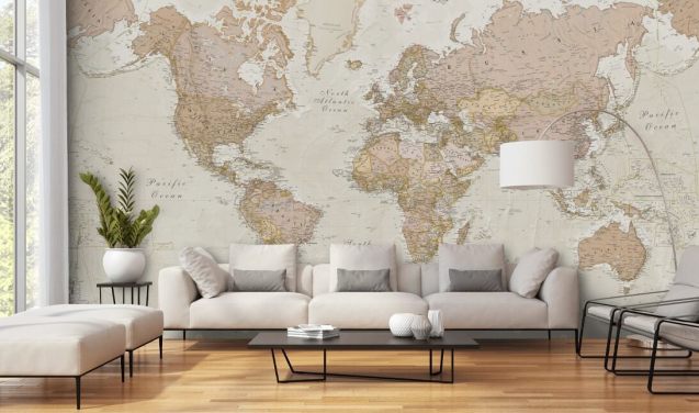 ljusbrun anpassningsbar världskarta tapetväggmålning kallad Antique World Map av Lovell Johns för sovrum