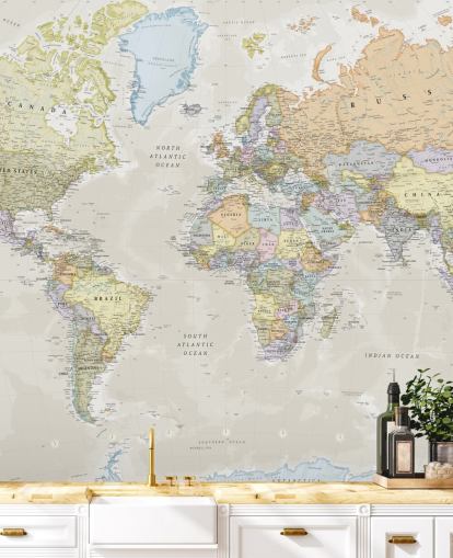 neutrale, anpassbare Weltkarte-Tapete namens Classic World Map von Lovell Johns für Schlafzimmer neutrale, anpassbare Weltkarte-Tapete namens Classic World Map von Lovell Johns für Schlafzimmer