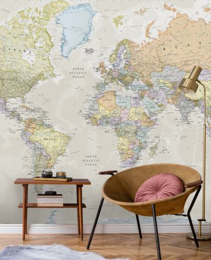 mural de papel pintado de mapa mundial neutro personalizable llamado Classic World Map de Lovell Johns para dormitorios mural de papel pintado de mapa mundial neutro personalizable llamado Classic World Map de Lovell Johns para dormitorios