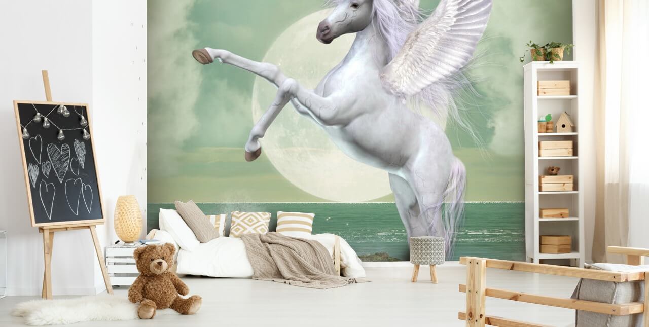 Papel de Parede Branco Unicorn Bucking
