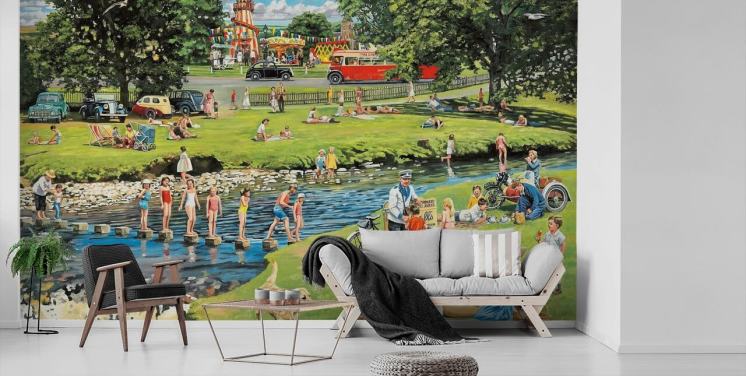 old fashioned summers day out by the river wallpaper