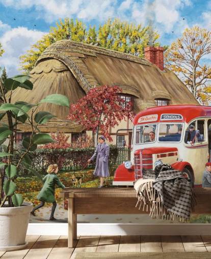 stråtækt sommerhus med skolebus og børn i efteråret sigt tapet stråtækt sommerhus med skolebus og børn i efteråret sigt tapet