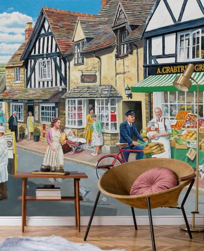 Postbote aus dem alten Dorf, der den Gemüsehändlern Tapeten liefert Postbote aus dem alten Dorf, der den Gemüsehändlern Tapeten liefert