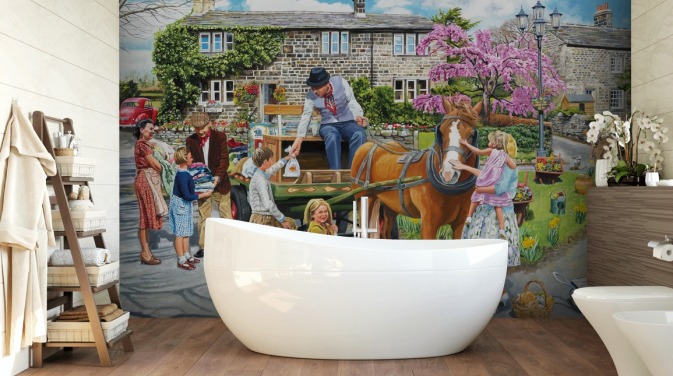 pack horse being petted in a village wallpaper