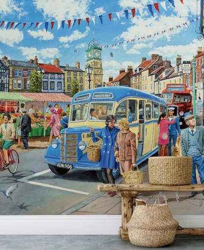 gamle bus kørsel gennem maleriske gamle landsby tapet gamle bus kørsel gennem maleriske gamle landsby tapet