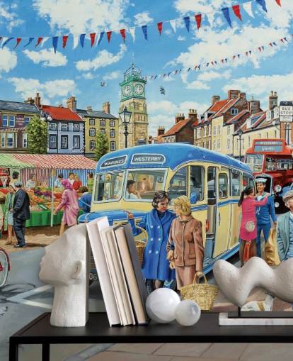 oude bus die door schilderachtig oud dorp behang rijdt oude bus die door schilderachtig oud dorp behang rijdt